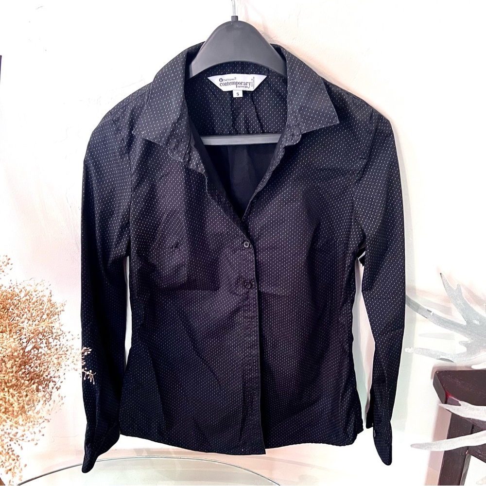 Polka dots button up feminine collared Shirt in dark navy blue